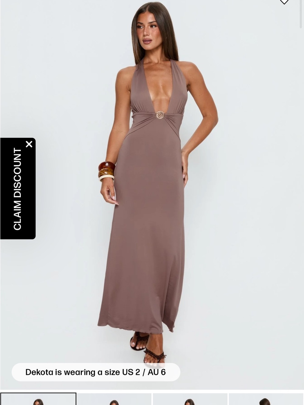 Princess Polly Taupe Halter Plunge Maxi Dress with Gold Ring NWT